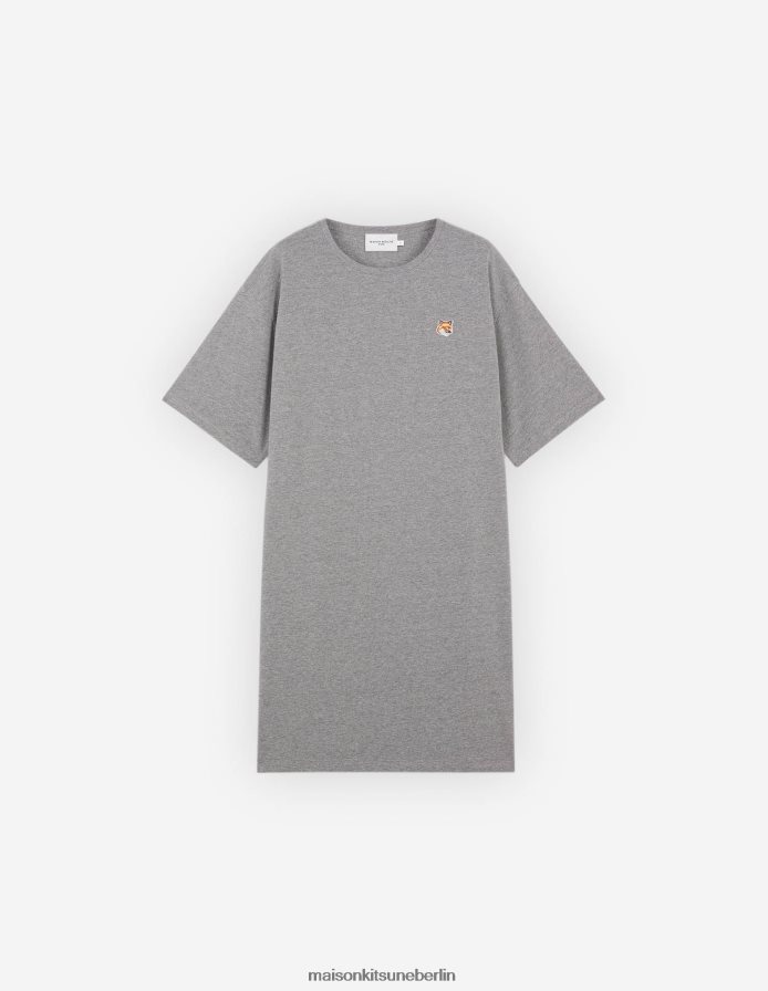 Kleidung V2DHL352 hellgrau meliert Frauen Lässiges T-Shirt-Kleid mit Fuchskopf-Patch Maison Kitsune
