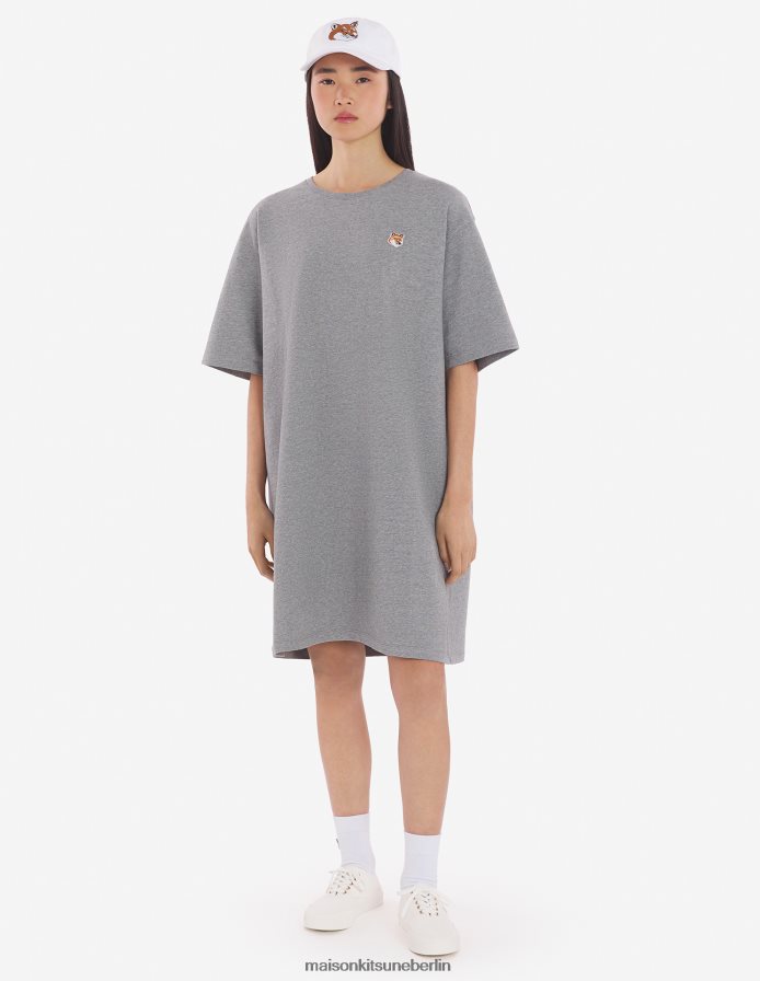 Kleidung V2DHL352 hellgrau meliert Frauen Lässiges T-Shirt-Kleid mit Fuchskopf-Patch Maison Kitsune