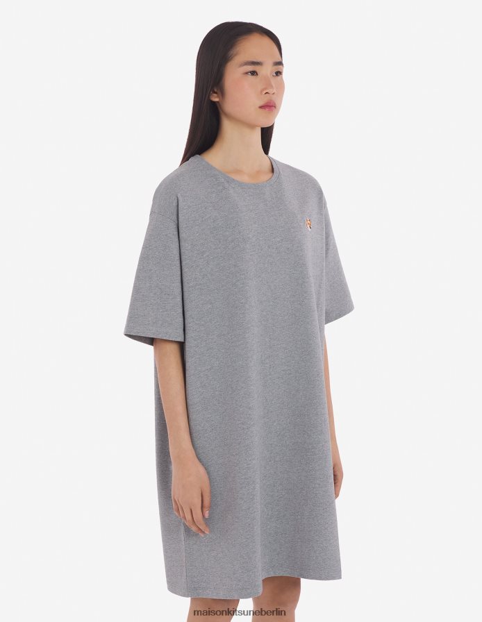 Kleidung V2DHL352 hellgrau meliert Frauen Lässiges T-Shirt-Kleid mit Fuchskopf-Patch Maison Kitsune