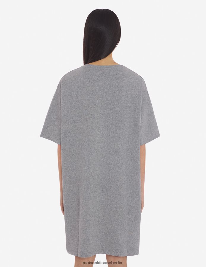 Kleidung V2DHL352 hellgrau meliert Frauen Lässiges T-Shirt-Kleid mit Fuchskopf-Patch Maison Kitsune