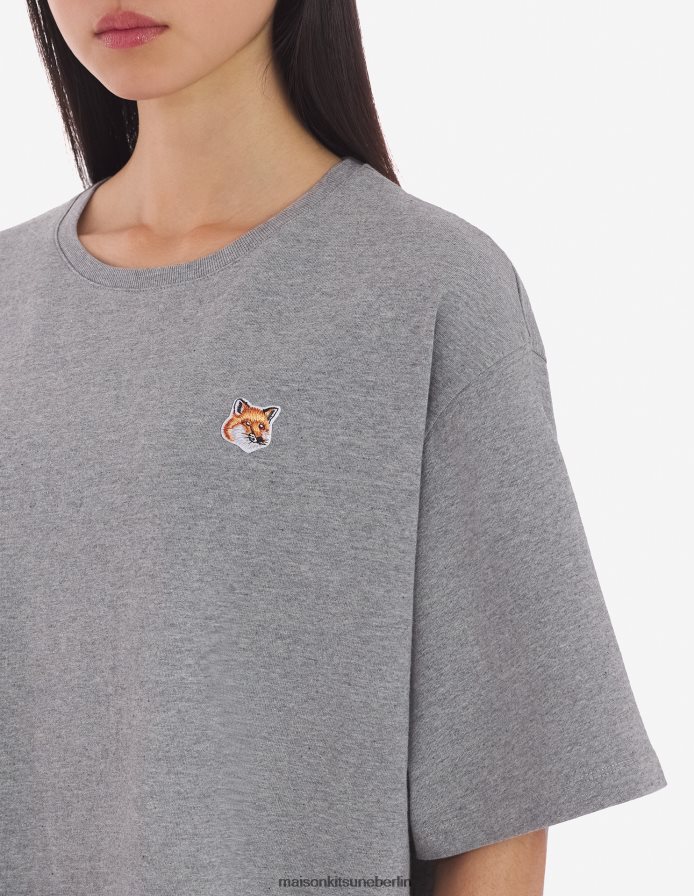 Kleidung V2DHL352 hellgrau meliert Frauen Lässiges T-Shirt-Kleid mit Fuchskopf-Patch Maison Kitsune