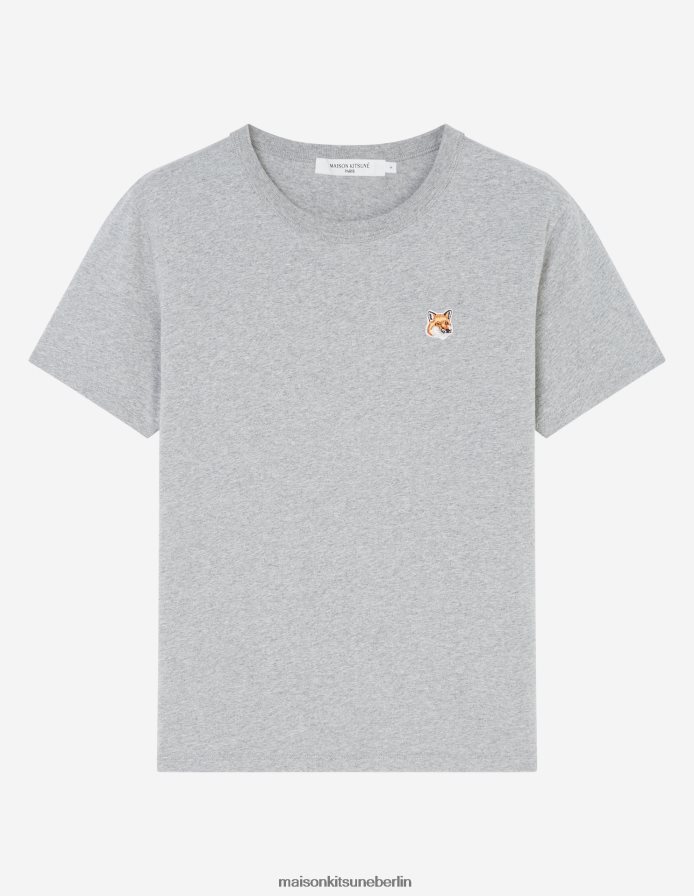 Kleidung V2DHL354 graue Melange Frauen Klassisches T-Shirt mit Fuchskopf-Patch Maison Kitsune