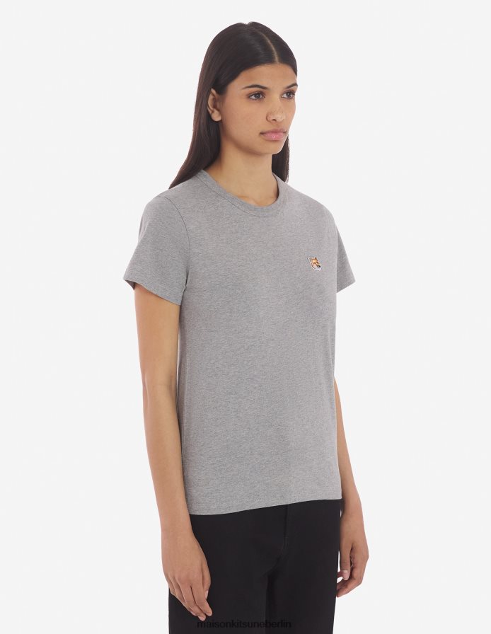 Kleidung V2DHL354 graue Melange Frauen Klassisches T-Shirt mit Fuchskopf-Patch Maison Kitsune