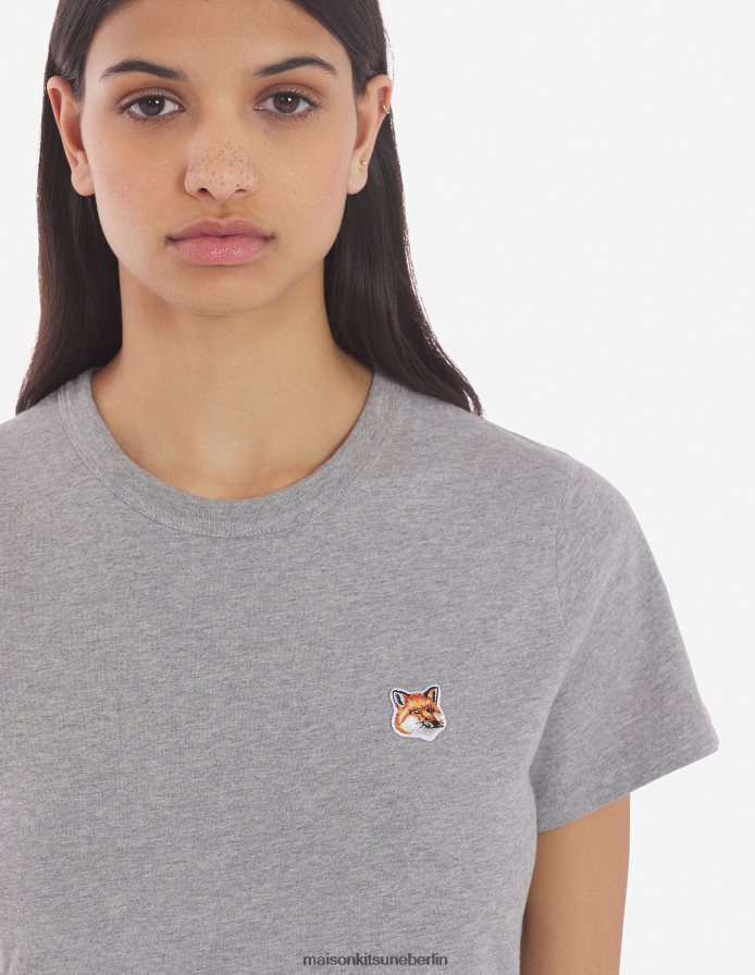 Kleidung V2DHL354 graue Melange Frauen Klassisches T-Shirt mit Fuchskopf-Patch Maison Kitsune