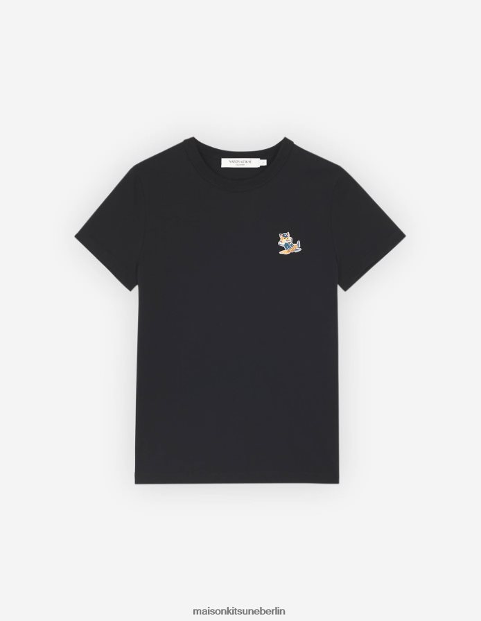 Kleidung V2DHL365 Schwarz Frauen Klassisches T-Shirt mit gekleidetem Fuchs-Patch Maison Kitsune