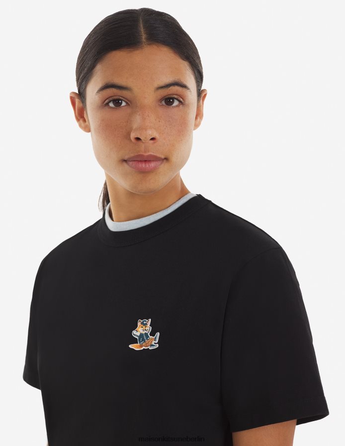 Kleidung V2DHL365 Schwarz Frauen Klassisches T-Shirt mit gekleidetem Fuchs-Patch Maison Kitsune