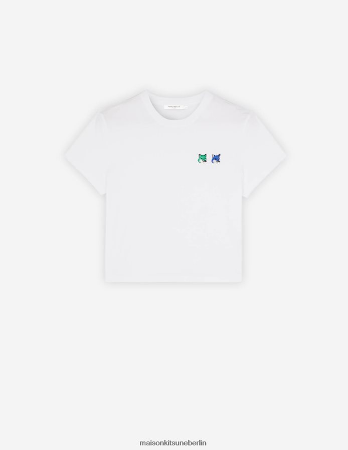 Kleidung V2DHL366 Weiß Frauen Kurzes T-Shirt mit doppeltem, saisonalem Fuchskopf-Patch Maison Kitsune