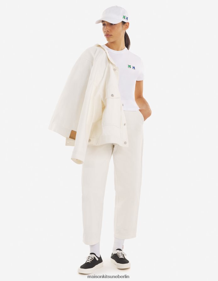 Kleidung V2DHL366 Weiß Frauen Kurzes T-Shirt mit doppeltem, saisonalem Fuchskopf-Patch Maison Kitsune