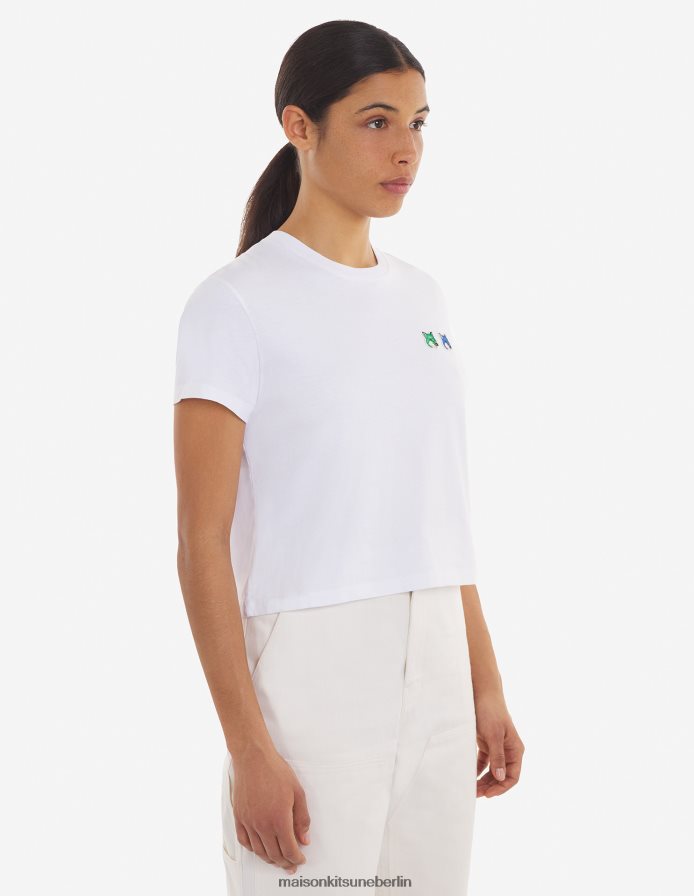 Kleidung V2DHL366 Weiß Frauen Kurzes T-Shirt mit doppeltem, saisonalem Fuchskopf-Patch Maison Kitsune