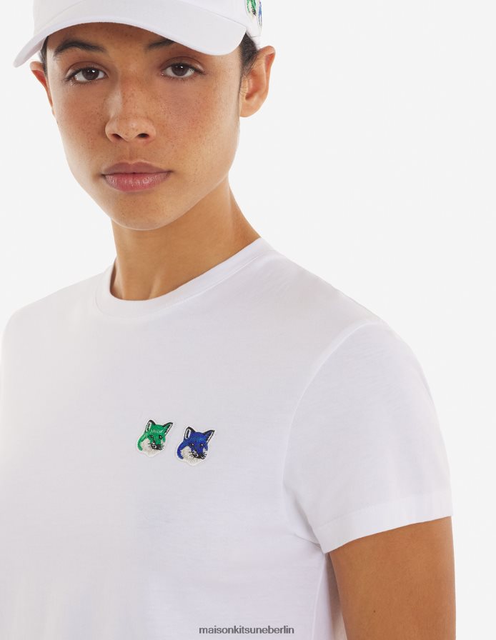 Kleidung V2DHL366 Weiß Frauen Kurzes T-Shirt mit doppeltem, saisonalem Fuchskopf-Patch Maison Kitsune