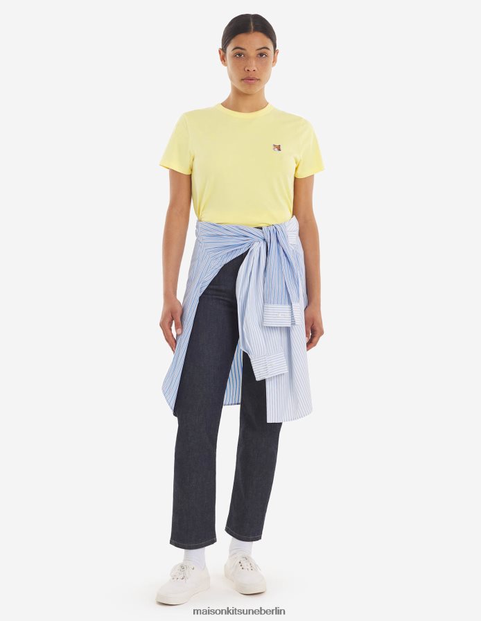 Kleidung V2DHL367 sanftes Gelb Frauen Klassisches T-Shirt mit Fuchskopf-Patch Maison Kitsune