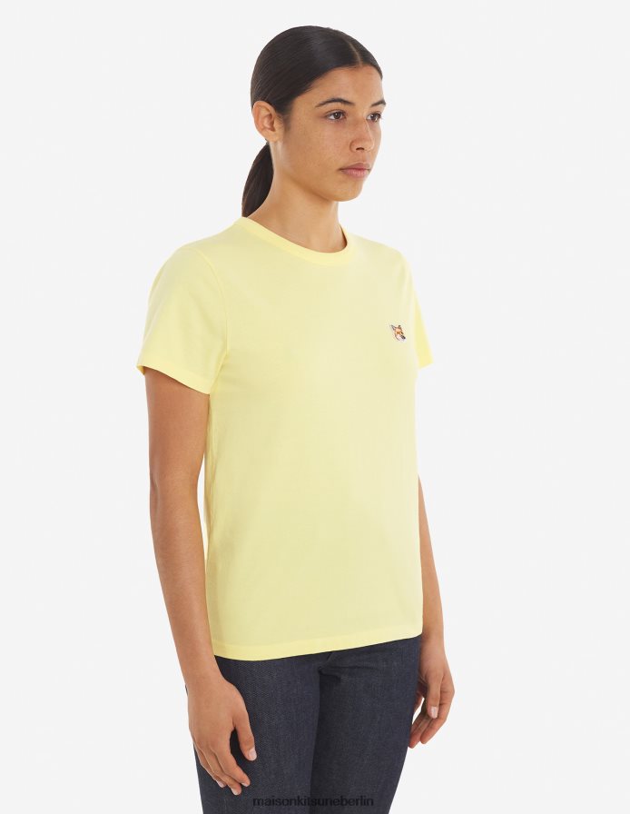 Kleidung V2DHL367 sanftes Gelb Frauen Klassisches T-Shirt mit Fuchskopf-Patch Maison Kitsune