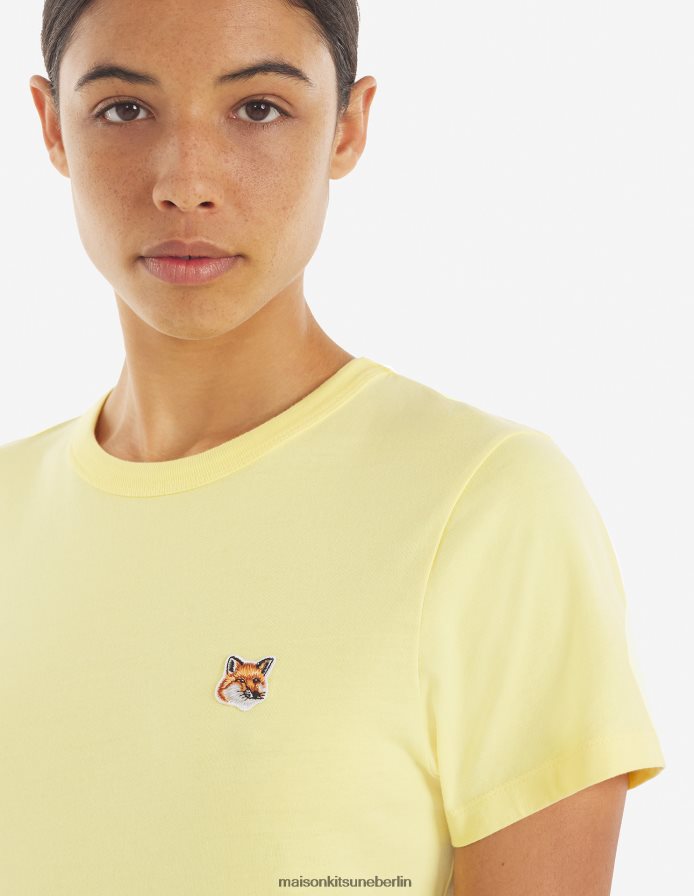 Kleidung V2DHL367 sanftes Gelb Frauen Klassisches T-Shirt mit Fuchskopf-Patch Maison Kitsune