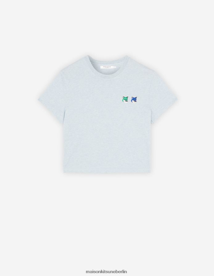 Kleidung V2DHL370 Blaue Dunst-Melange Frauen Kurzes T-Shirt mit doppeltem, saisonalem Fuchskopf-Patch Maison Kitsune
