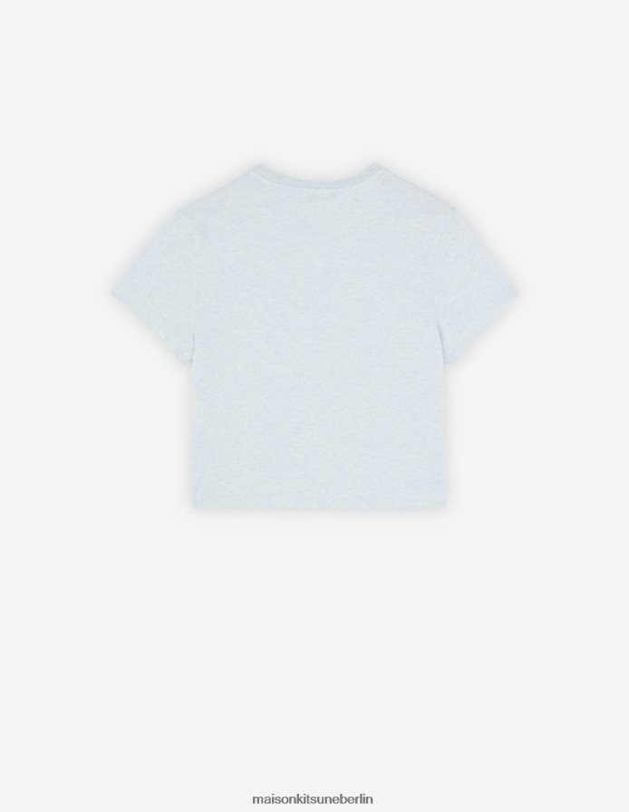 Kleidung V2DHL370 Blaue Dunst-Melange Frauen Kurzes T-Shirt mit doppeltem, saisonalem Fuchskopf-Patch Maison Kitsune