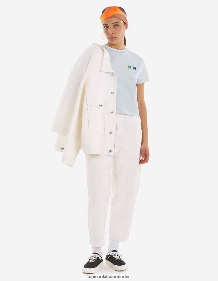 Kleidung V2DHL370 Blaue Dunst-Melange Frauen Kurzes T-Shirt mit doppeltem, saisonalem Fuchskopf-Patch Maison Kitsune