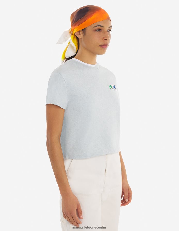 Kleidung V2DHL370 Blaue Dunst-Melange Frauen Kurzes T-Shirt mit doppeltem, saisonalem Fuchskopf-Patch Maison Kitsune