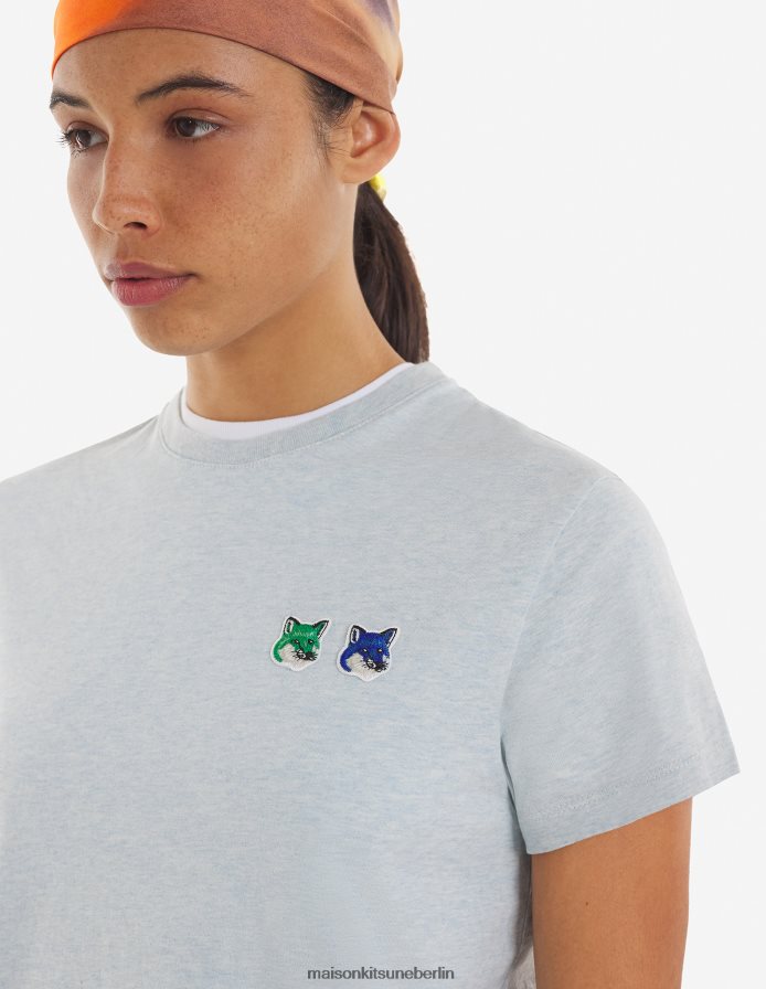 Kleidung V2DHL370 Blaue Dunst-Melange Frauen Kurzes T-Shirt mit doppeltem, saisonalem Fuchskopf-Patch Maison Kitsune