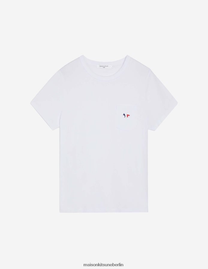 Kleidung V2DHL375 Weiß Frauen T-Shirt mit dreifarbigem Fuchs-Patch und klassischer Tasche Maison Kitsune