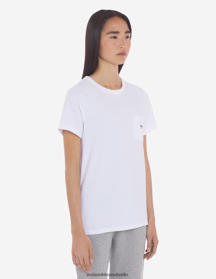 Kleidung V2DHL375 Weiß Frauen T-Shirt mit dreifarbigem Fuchs-Patch und klassischer Tasche Maison Kitsune