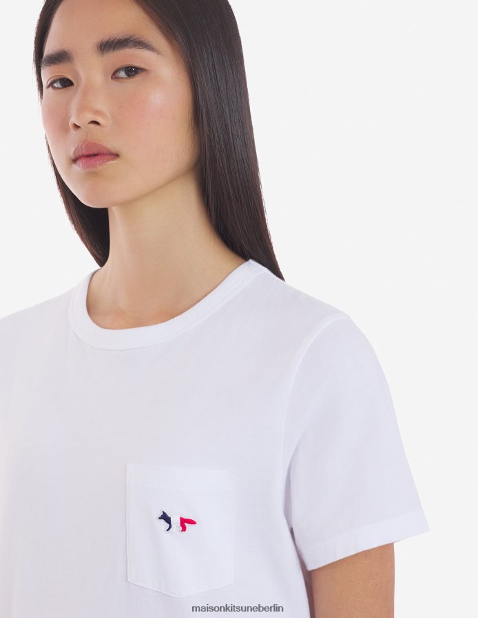 Kleidung V2DHL375 Weiß Frauen T-Shirt mit dreifarbigem Fuchs-Patch und klassischer Tasche Maison Kitsune