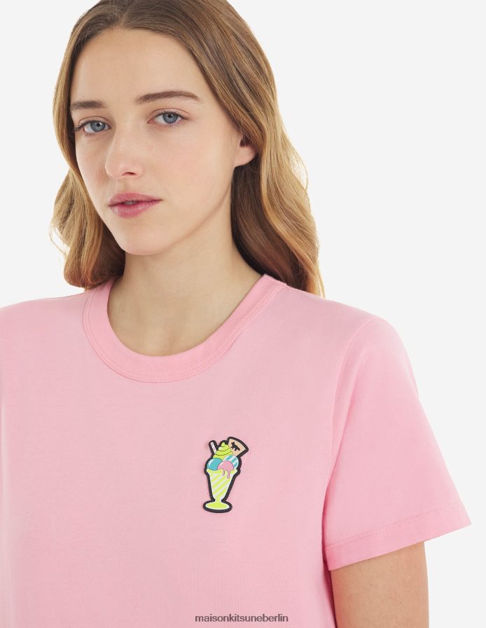 Kleidung V2DHL379 Erdbeere Frauen Normales T-Shirt mit Eiscreme-Patch Maison Kitsune