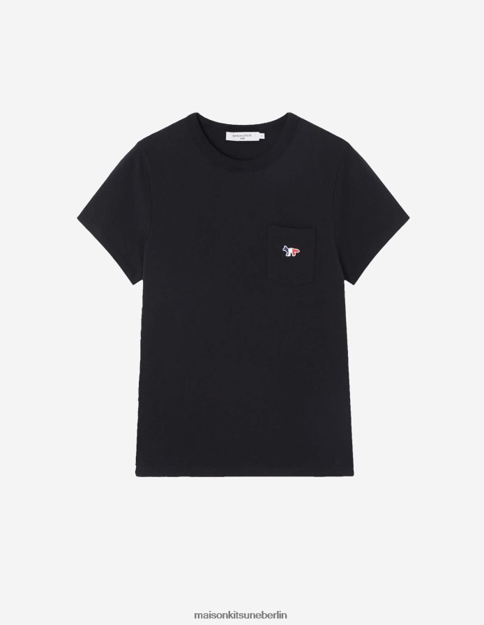 Kleidung V2DHL380 Schwarz Frauen T-Shirt mit dreifarbigem Fuchs-Patch und klassischer Tasche Maison Kitsune