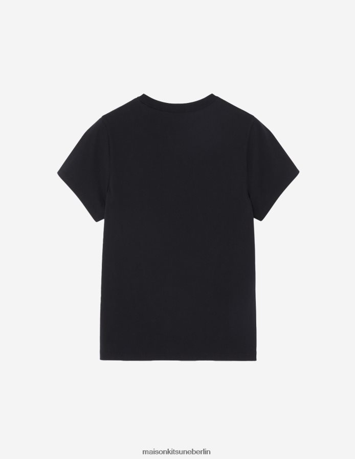 Kleidung V2DHL380 Schwarz Frauen T-Shirt mit dreifarbigem Fuchs-Patch und klassischer Tasche Maison Kitsune