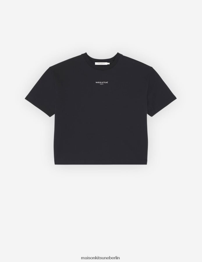 Kleidung V2DHL385 Schwarz Frauen Kastenförmiges T-Shirt mit Paris-Stickerei Maison Kitsune