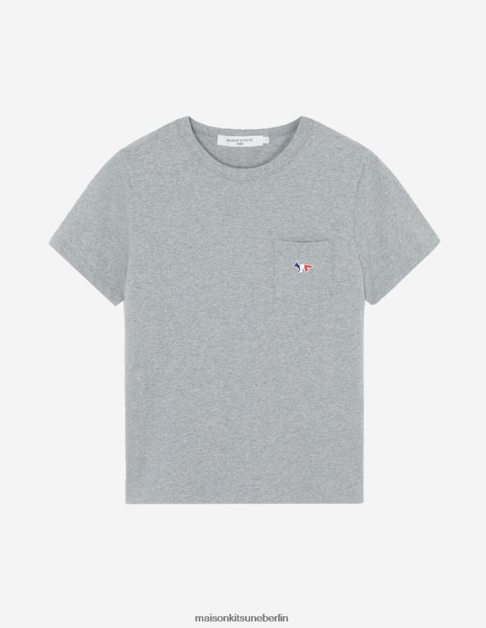 Kleidung V2DHL387 graue Melange Frauen T-Shirt mit dreifarbigem Fuchs-Patch und klassischer Tasche Maison Kitsune
