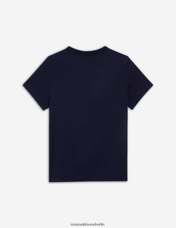 Kleidung V2DHL389 Marine Frauen T-Shirt mit dreifarbigem Fuchs-Patch und klassischer Tasche Maison Kitsune