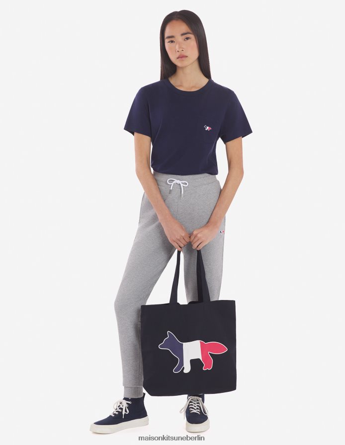 Kleidung V2DHL389 Marine Frauen T-Shirt mit dreifarbigem Fuchs-Patch und klassischer Tasche Maison Kitsune