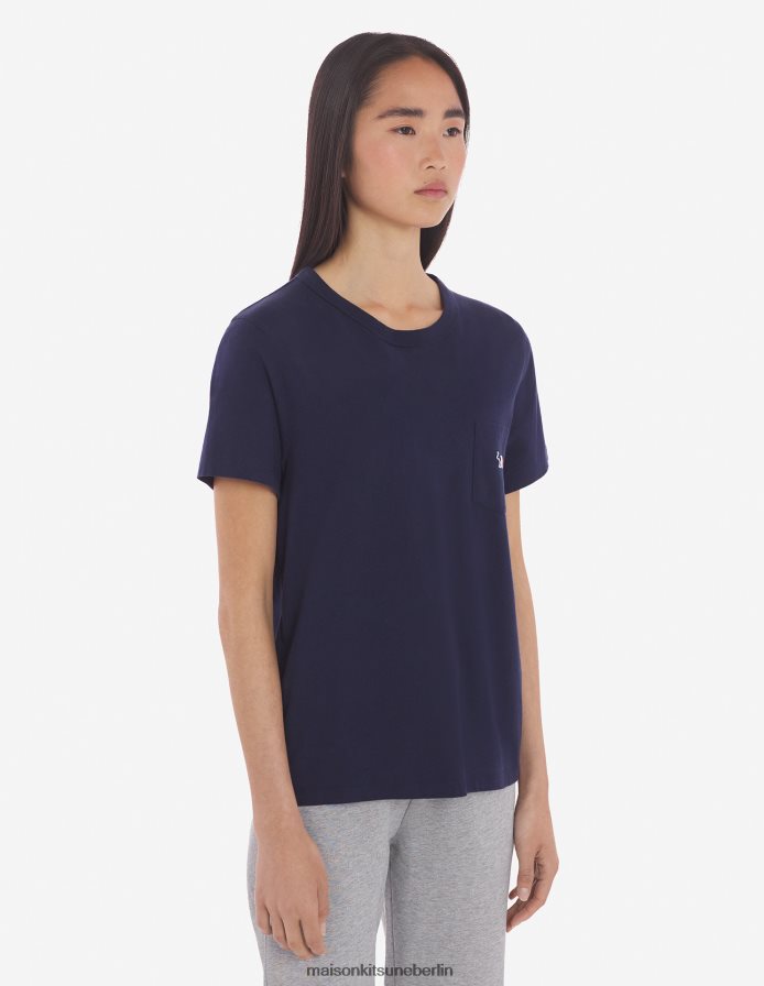 Kleidung V2DHL389 Marine Frauen T-Shirt mit dreifarbigem Fuchs-Patch und klassischer Tasche Maison Kitsune