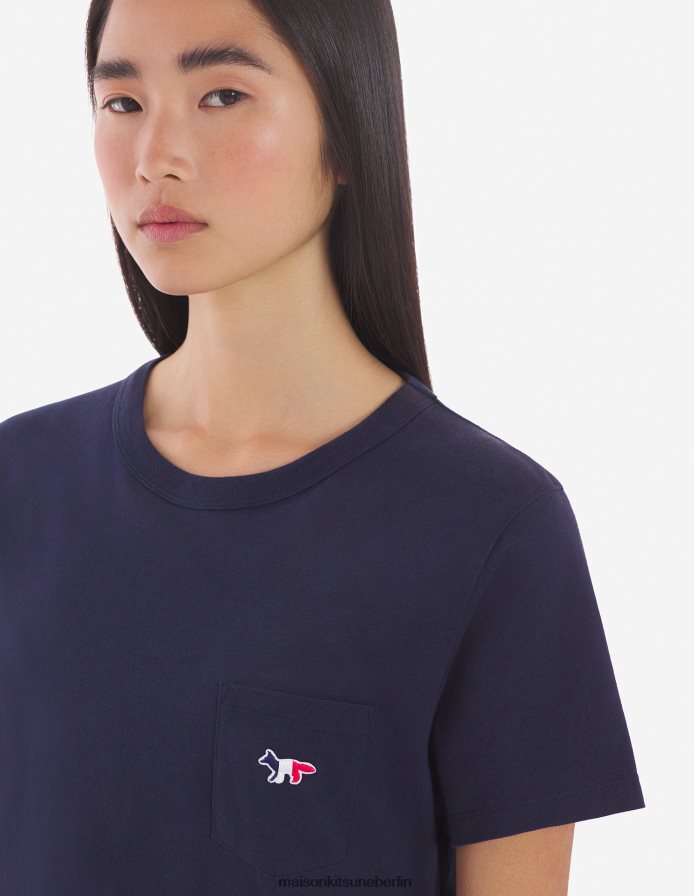 Kleidung V2DHL389 Marine Frauen T-Shirt mit dreifarbigem Fuchs-Patch und klassischer Tasche Maison Kitsune