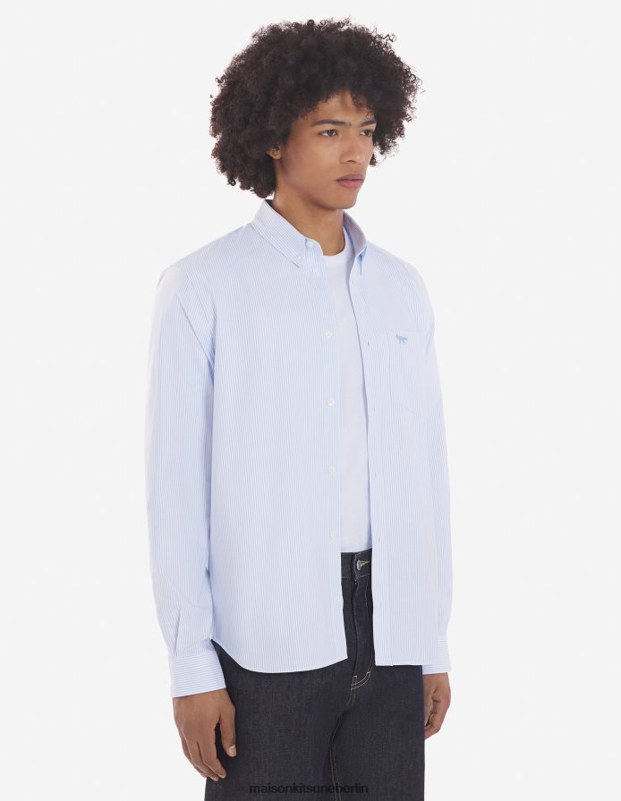 Kleidung V2DHL262 hellblaue Streifen Männer Klassisches Hemd mit Fuchsstickerei und Tasche, bd Maison Kitsune