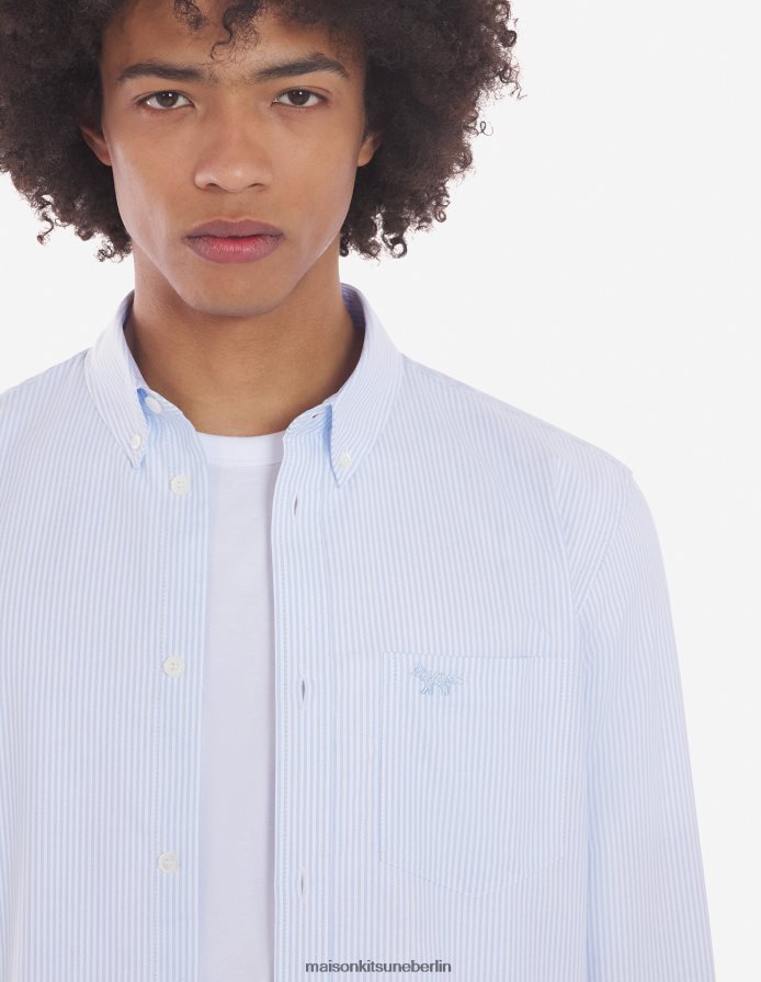 Kleidung V2DHL262 hellblaue Streifen Männer Klassisches Hemd mit Fuchsstickerei und Tasche, bd Maison Kitsune