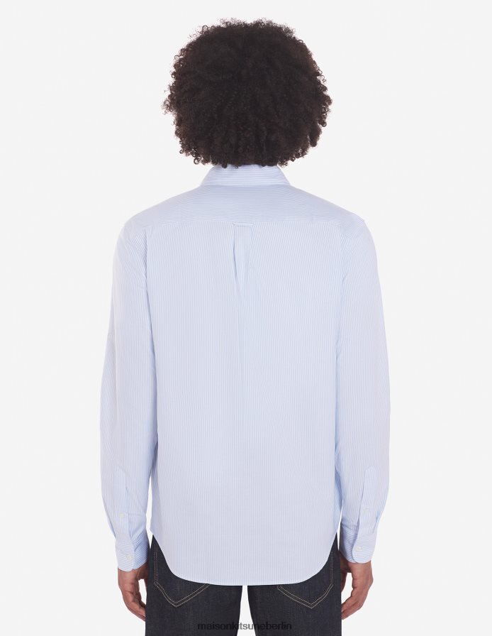 Kleidung V2DHL262 hellblaue Streifen Männer Klassisches Hemd mit Fuchsstickerei und Tasche, bd Maison Kitsune