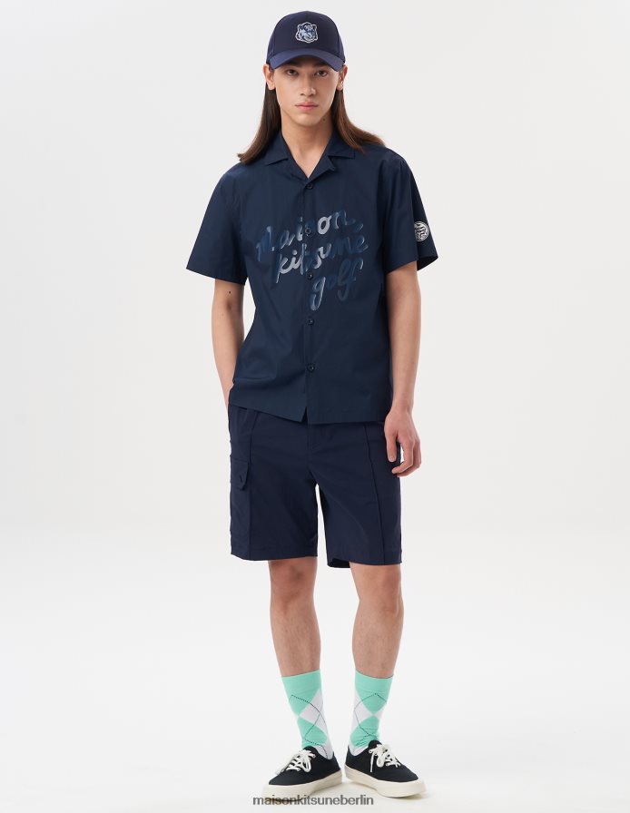 Kleidung V2DHL265 dunkles Marineblau Männer Kurzarmshirt mit Schriftzug Maison Kitsune