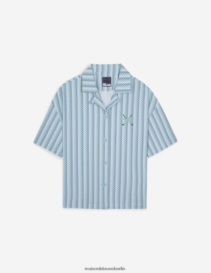 Kleidung V2DHL266 Himmelblau Männer Profile Fox Diamantstreifen-Kurzarmshirt Maison Kitsune