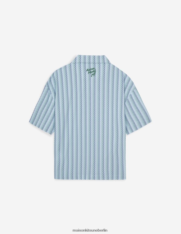 Kleidung V2DHL266 Himmelblau Männer Profile Fox Diamantstreifen-Kurzarmshirt Maison Kitsune