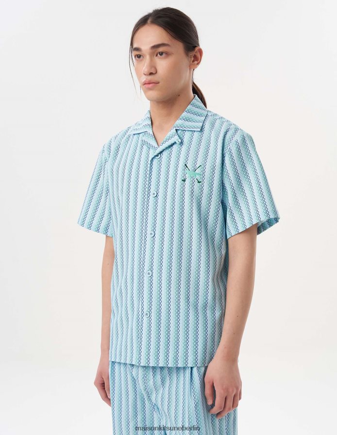 Kleidung V2DHL266 Himmelblau Männer Profile Fox Diamantstreifen-Kurzarmshirt Maison Kitsune