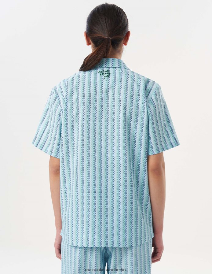 Kleidung V2DHL266 Himmelblau Männer Profile Fox Diamantstreifen-Kurzarmshirt Maison Kitsune