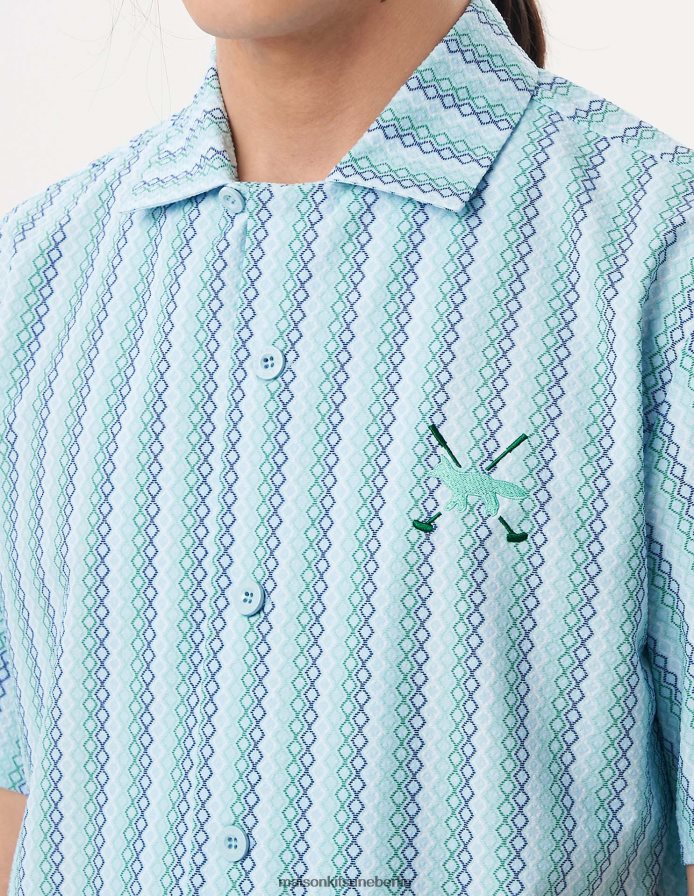 Kleidung V2DHL266 Himmelblau Männer Profile Fox Diamantstreifen-Kurzarmshirt Maison Kitsune