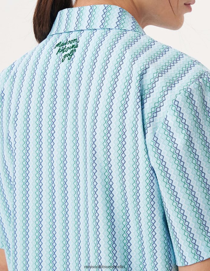 Kleidung V2DHL266 Himmelblau Männer Profile Fox Diamantstreifen-Kurzarmshirt Maison Kitsune