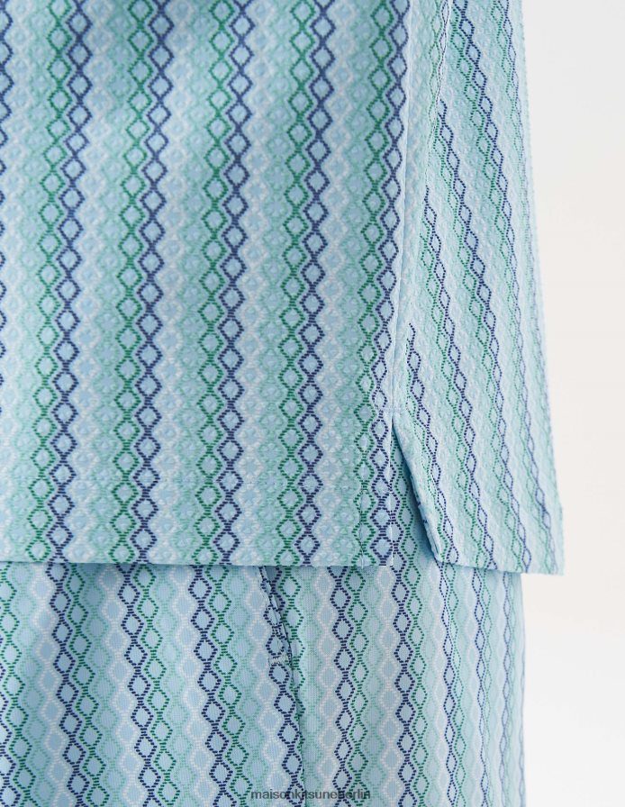 Kleidung V2DHL266 Himmelblau Männer Profile Fox Diamantstreifen-Kurzarmshirt Maison Kitsune