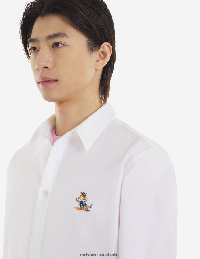 Kleidung V2DHL267 Weiß Männer Lässiges Hemd mit gekleidetem Fuchs-Patch Maison Kitsune