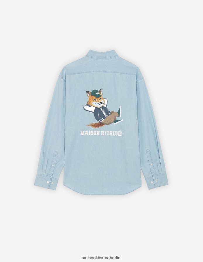 Kleidung V2DHL270 gebleichtes Indigo Männer Chillax gekleidetes entspanntes Hemd Maison Kitsune