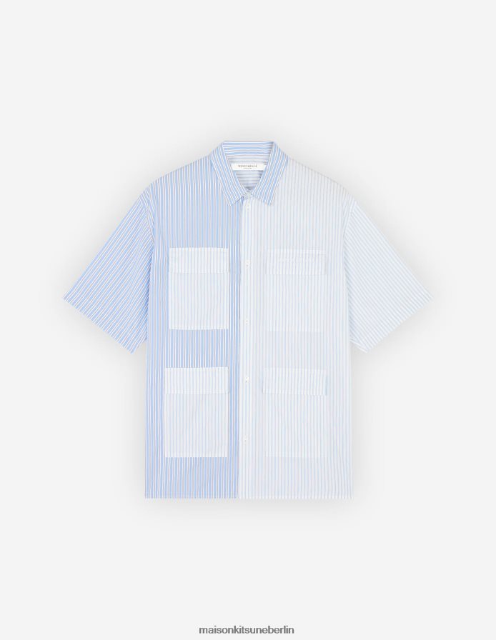 Kleidung V2DHL271 blaue Farbblockstreifen Männer Hemd mit mehreren Taschen Maison Kitsune