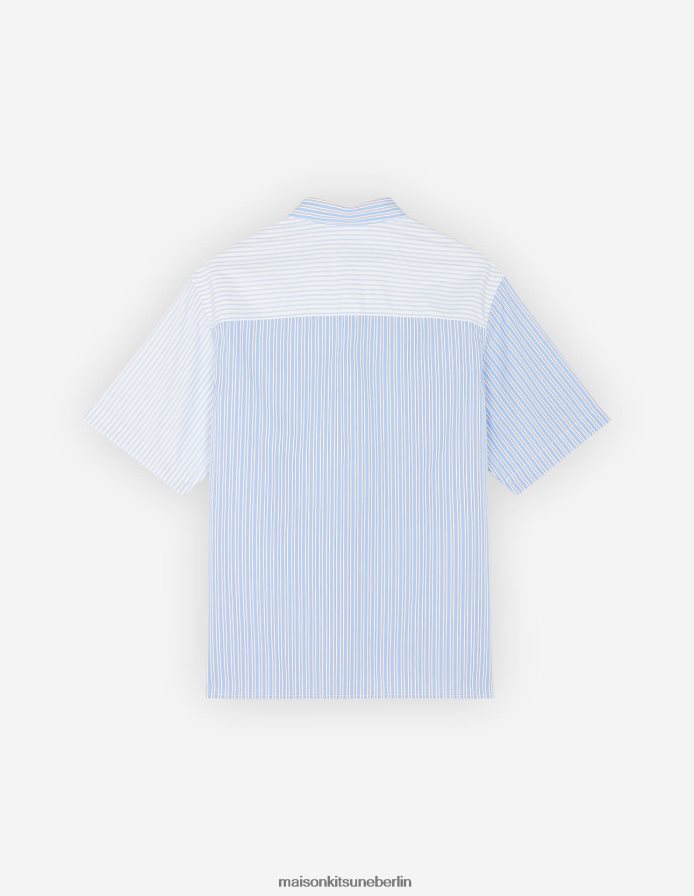 Kleidung V2DHL271 blaue Farbblockstreifen Männer Hemd mit mehreren Taschen Maison Kitsune