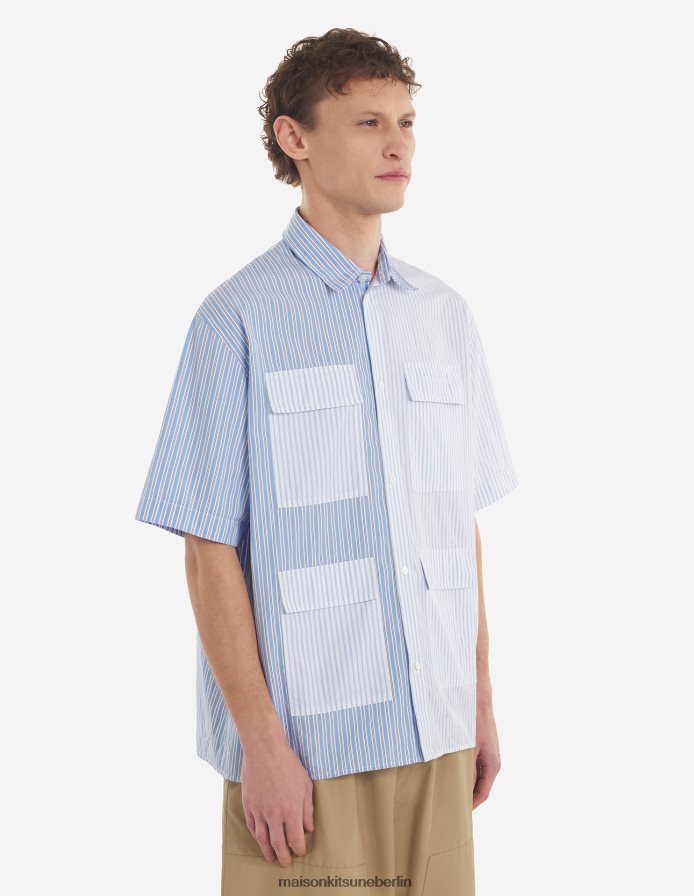Kleidung V2DHL271 blaue Farbblockstreifen Männer Hemd mit mehreren Taschen Maison Kitsune